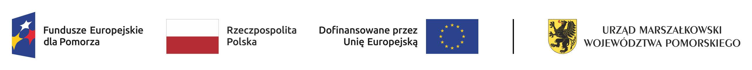 Zestawienie znaków zawierające cztery logotypy w kolejności od lewej: Znak Funduszy Europejskich dla Pomorza (złożony z symbolu graficznego i nazwy Fundusze Europejskie dla Pomorza), Znak barw Rzeczypospolitej Polskiej (złożony z barw RP oraz nazwy Rzeczpospolita Polska), Znak Unii Europejskiej (złożony z flagi Unii Europejskiej i napisu "Dofinansowane przez Unię Europejską"), Znak Urzędu Marszałkowskiego Województwa Pomorskiego (złożony z symbolu graficznego i nazwy "Urząd Marszałkowski Województwa Pomorskiego").